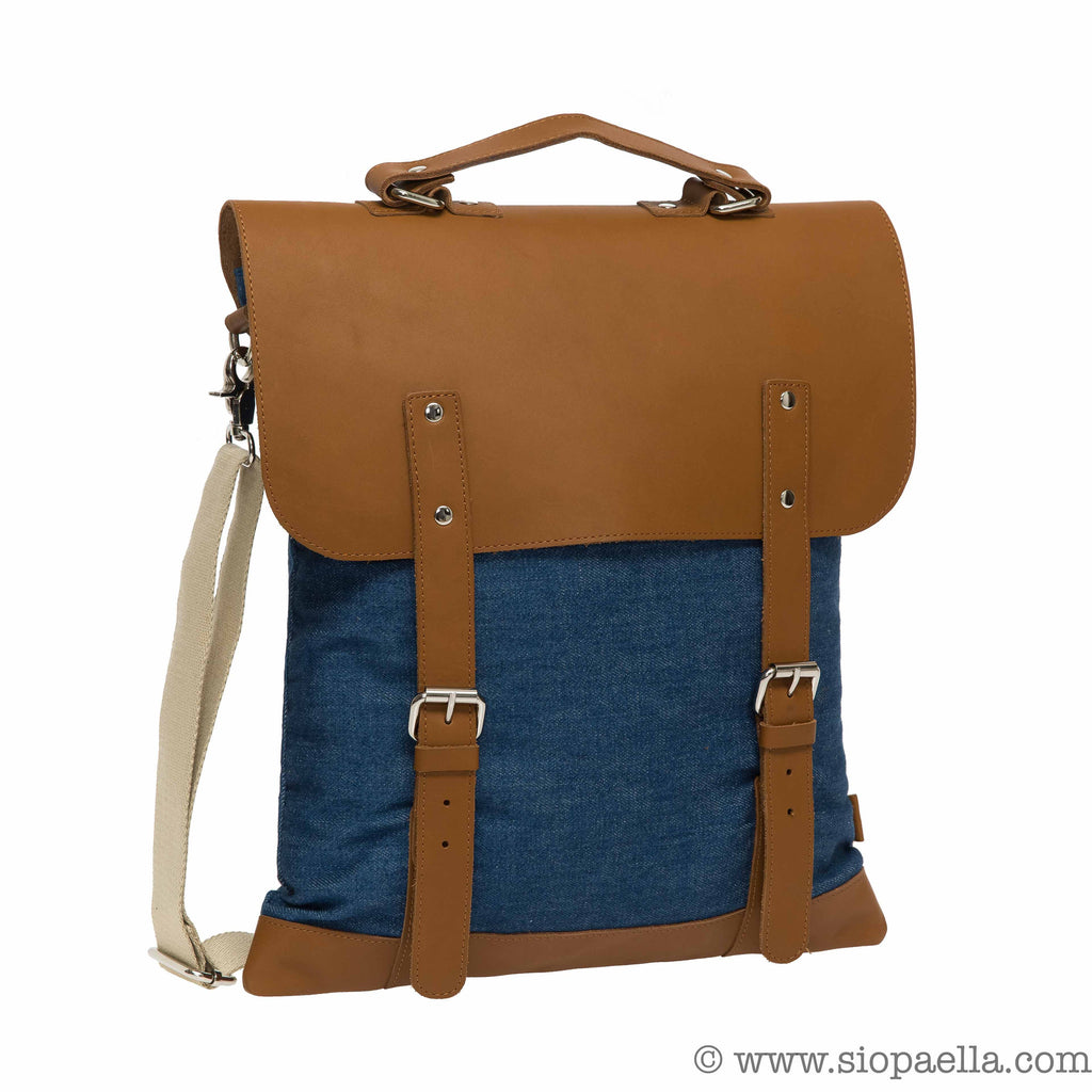 Enter Messenger Tote Backpack in Denim and Tan Leather
