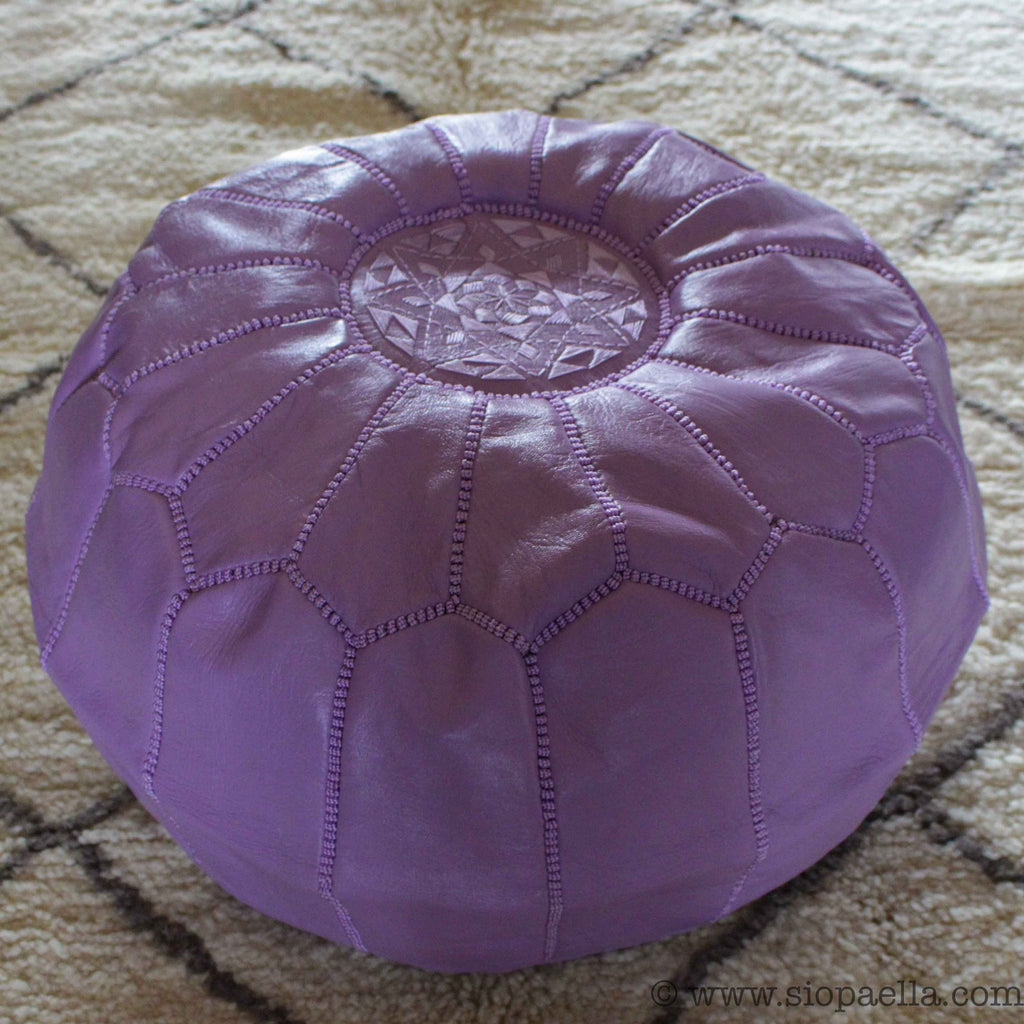 Moroccan Lilac Leather Hand Stitched Pouffe
