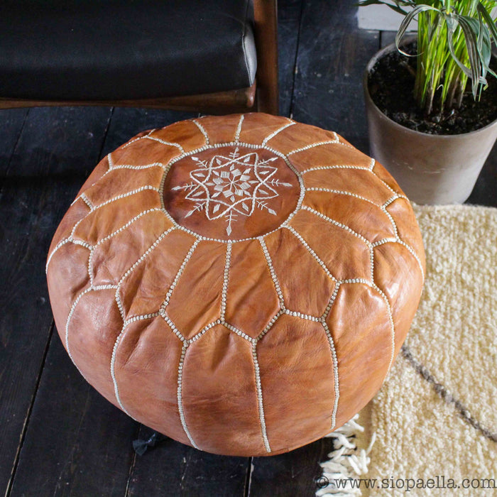 Moroccan Tan Leather Hand Stitched Pouffe