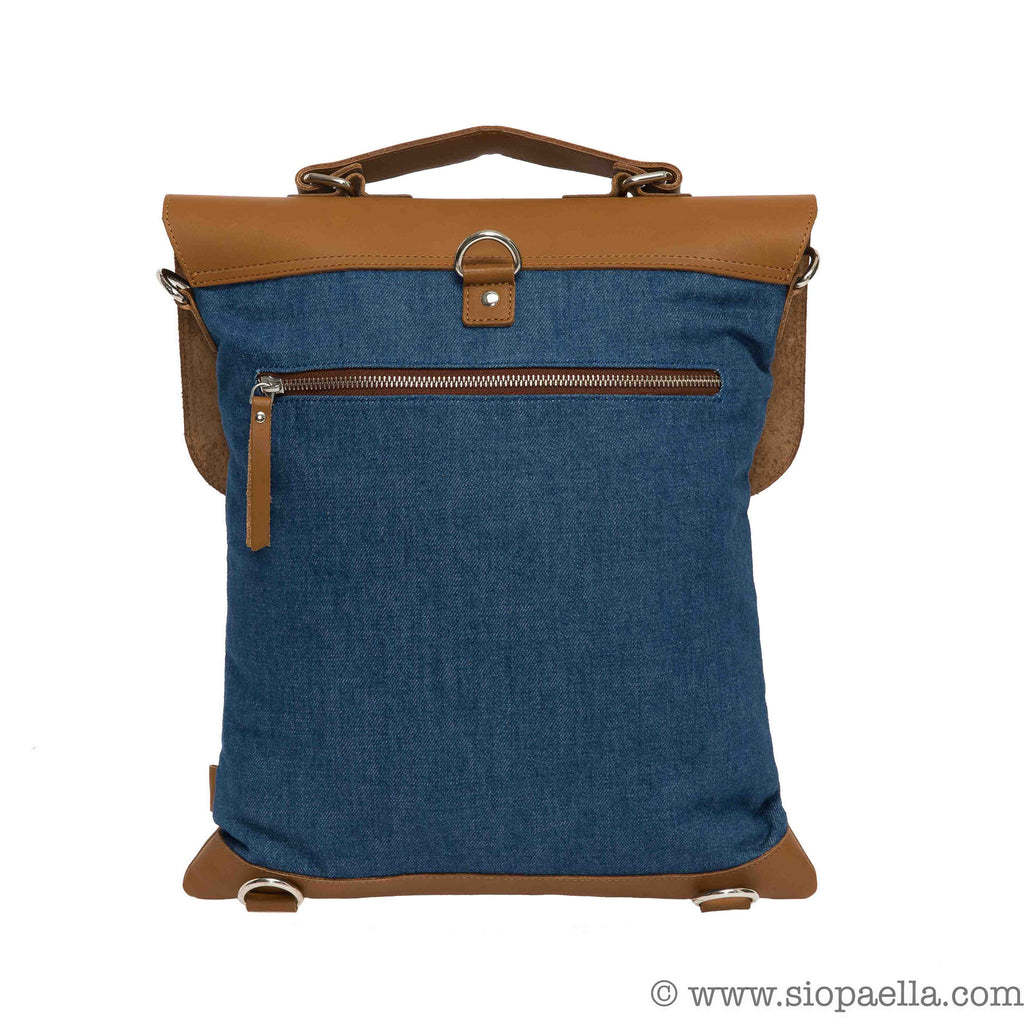 Enter Messenger Tote Backpack in Denim and Tan Leather