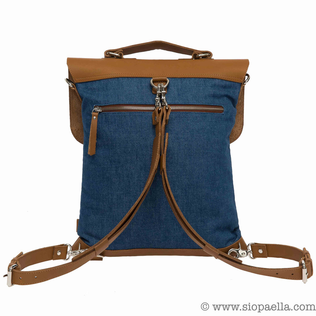 Enter Messenger Tote Backpack in Denim and Tan Leather