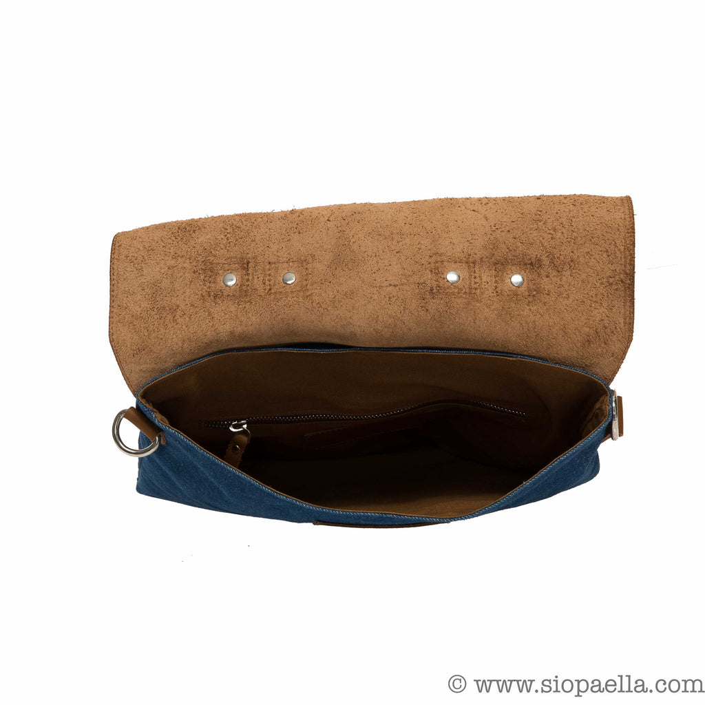 Enter Messenger Tote Backpack in Denim and Tan Leather