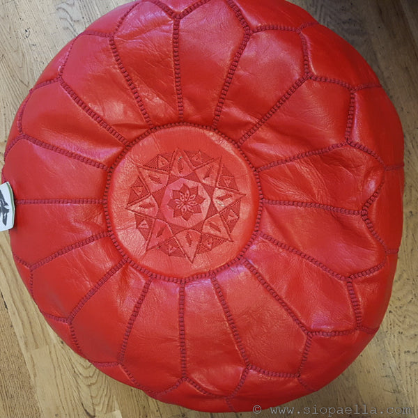 Moroccan Red Leather Pouffe - Large