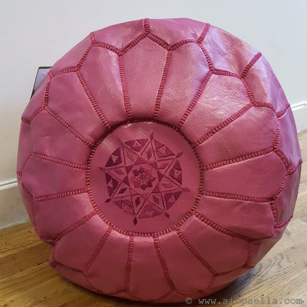 Moroccan Pink Leather Pouffe - Large