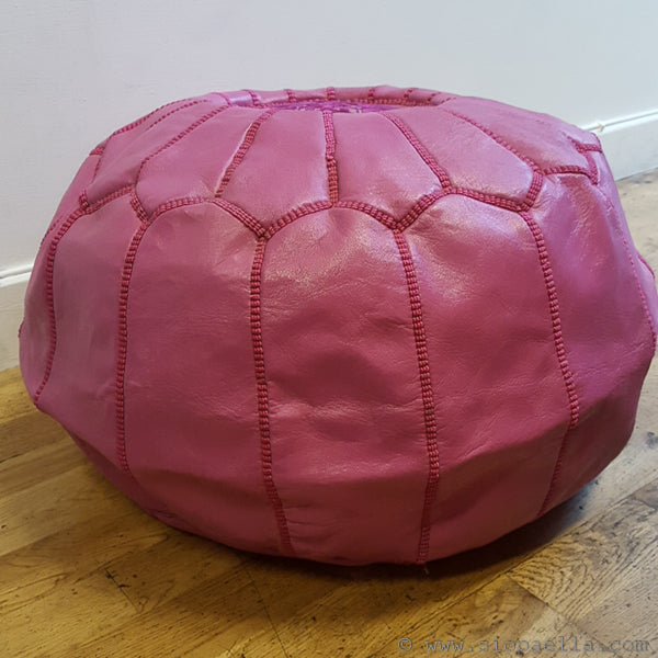 Moroccan Pink Leather Pouffe - Large