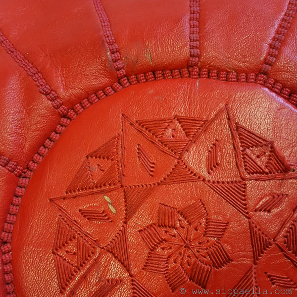 Moroccan Red Leather Pouffe - Large
