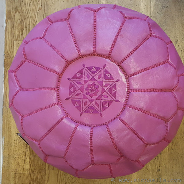 Moroccan Pink Leather Pouffe - Large