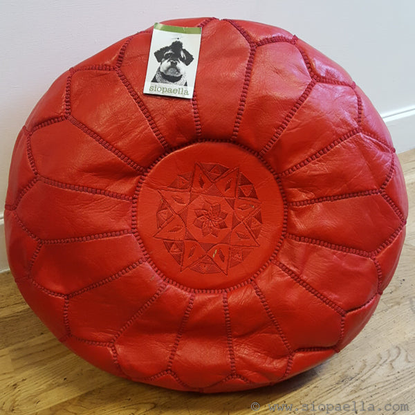 Moroccan Red Leather Pouffe - Large