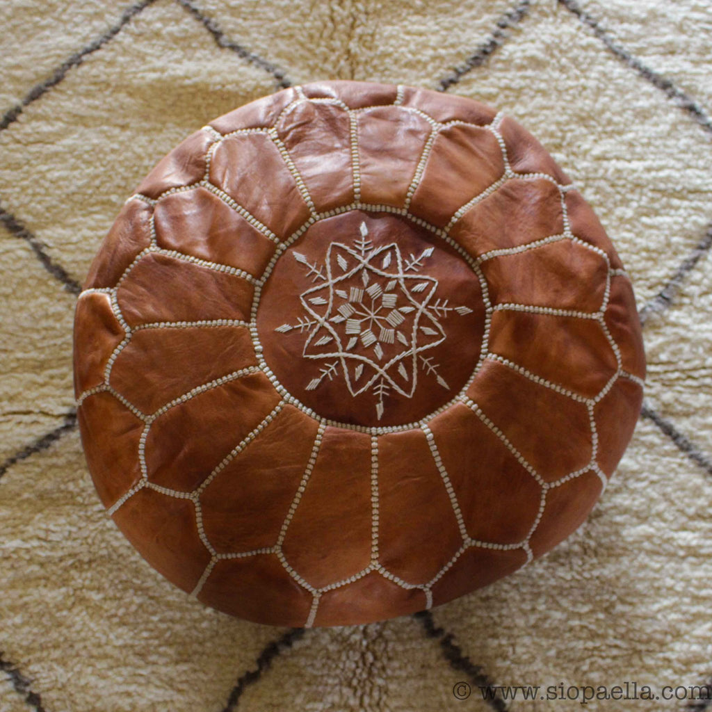 Moroccan Tan Leather Hand Stitched Pouffe