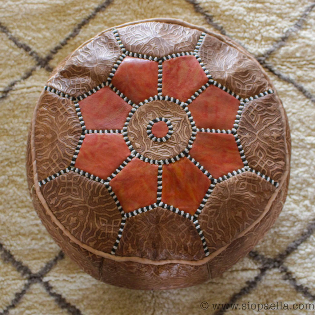 Moroccan Tan with Orange Leather Hand Stitched Pouffe