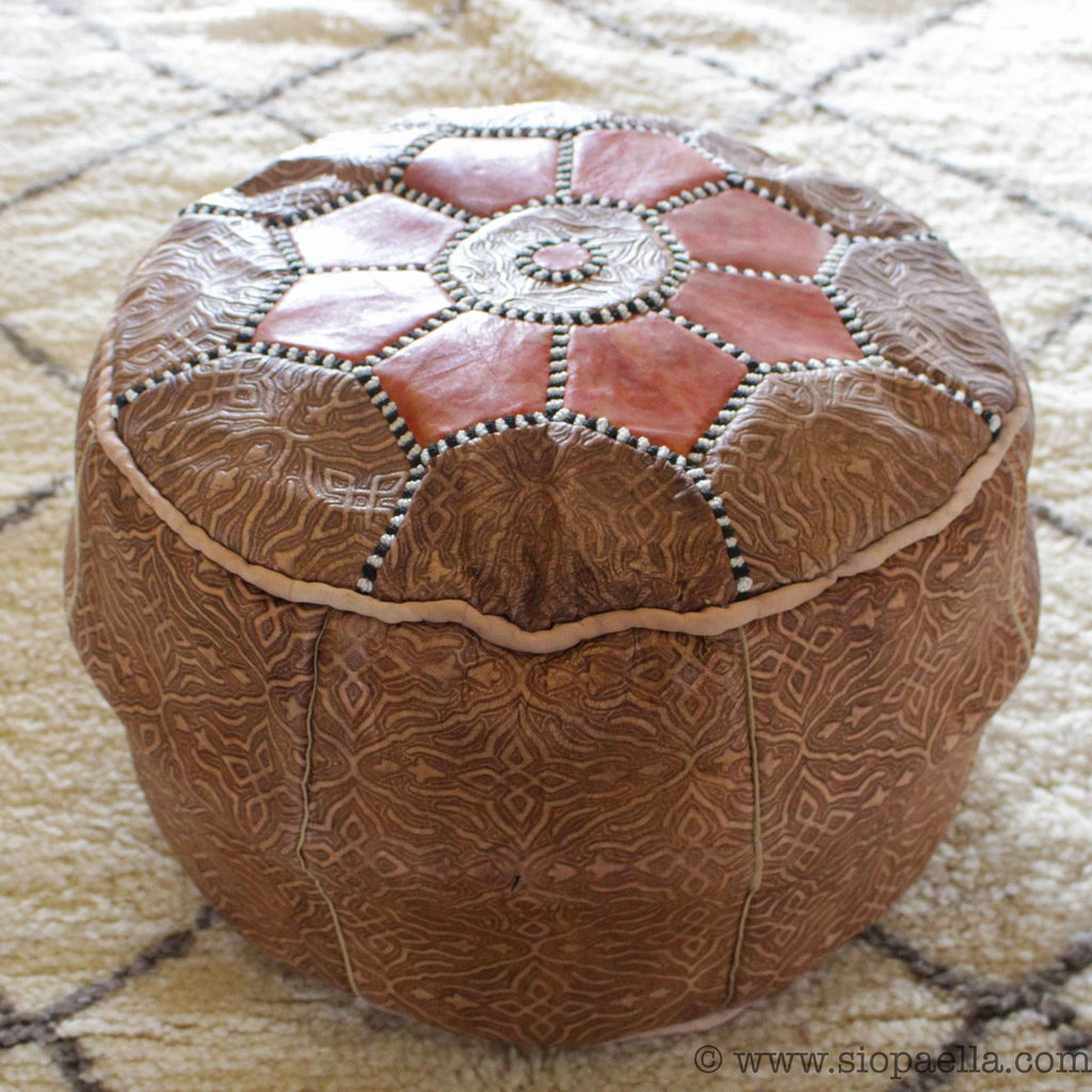Moroccan Tan with Orange Leather Hand Stitched Pouffe