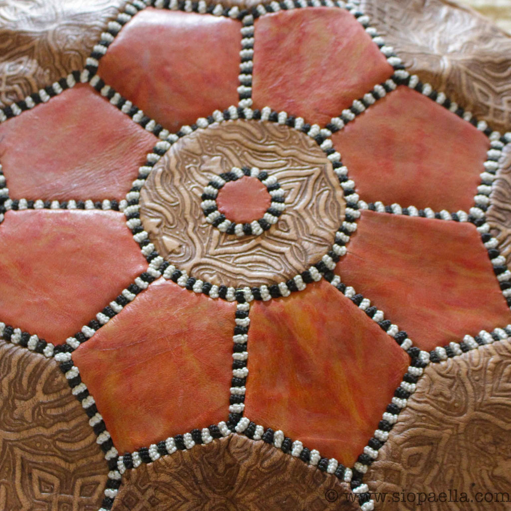 Moroccan Tan with Orange Leather Hand Stitched Pouffe