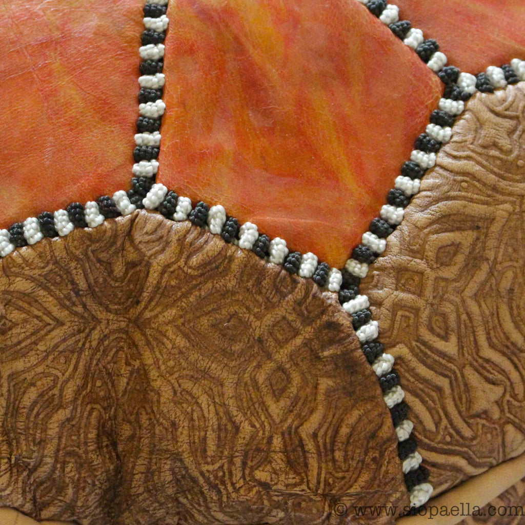 Moroccan Tan with Orange Leather Hand Stitched Pouffe