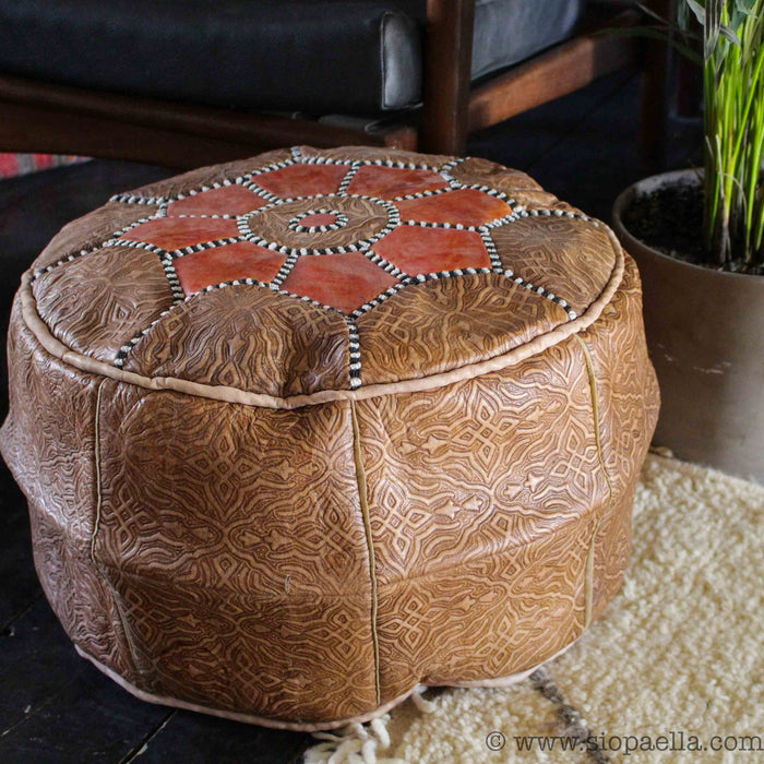Moroccan Tan with Orange Leather Hand Stitched Pouffe