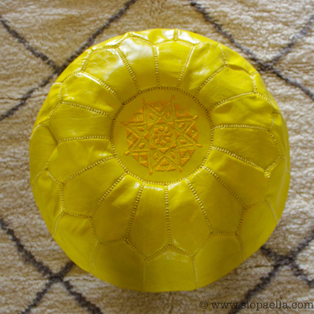 Moroccan Citron Leather Hand Stitched Pouffe