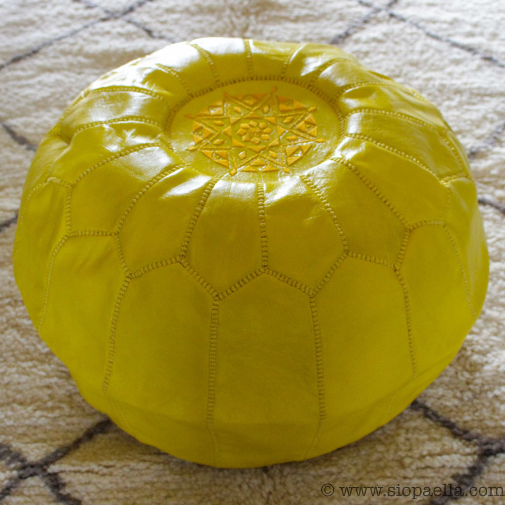 Moroccan Citron Leather Hand Stitched Pouffe