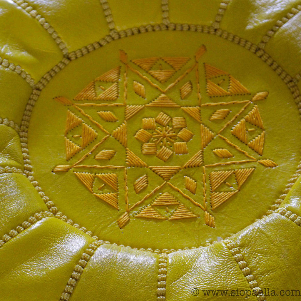 Moroccan Citron Leather Hand Stitched Pouffe