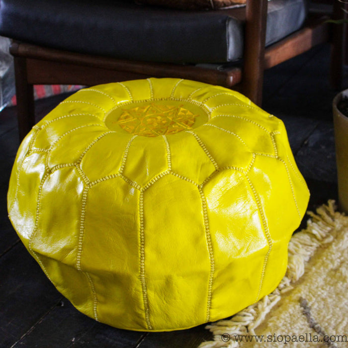 Moroccan Citron Leather Hand Stitched Pouffe