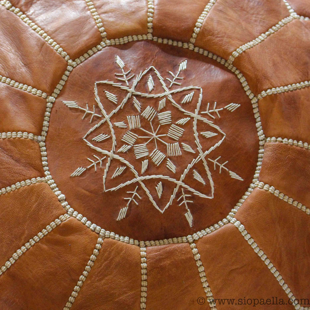 Moroccan Tan Leather Hand Stitched Pouffe