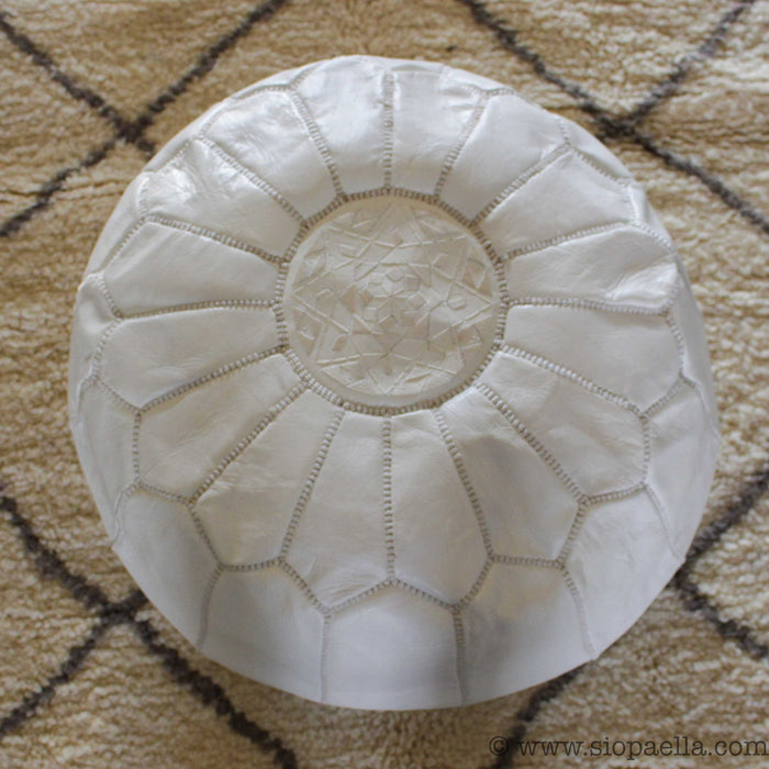 Moroccan White Leather Hand Stitched Pouffe