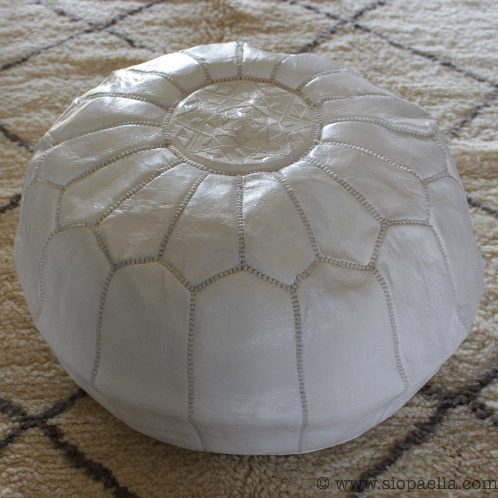 Moroccan White Leather Hand Stitched Pouffe