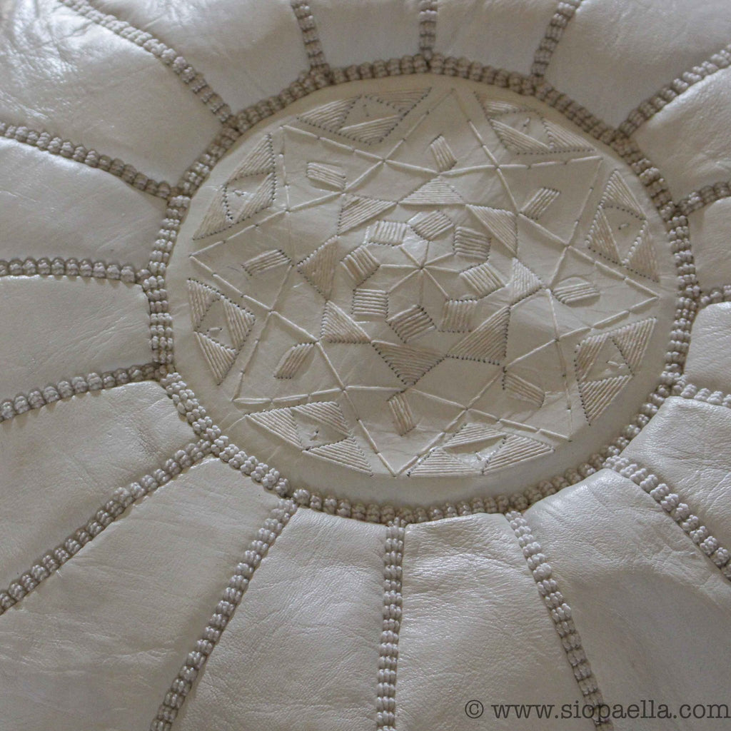 Moroccan White Leather Hand Stitched Pouffe