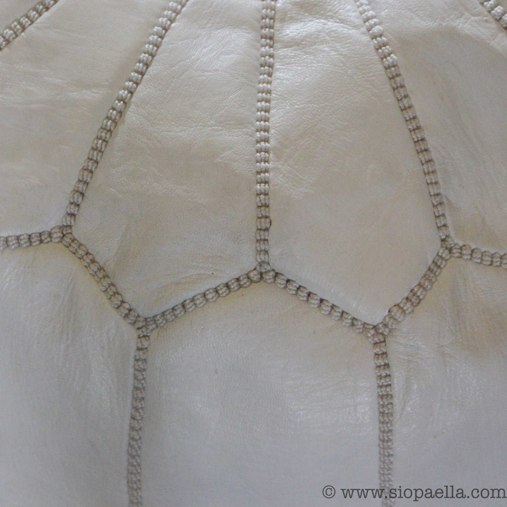 Moroccan White Leather Hand Stitched Pouffe