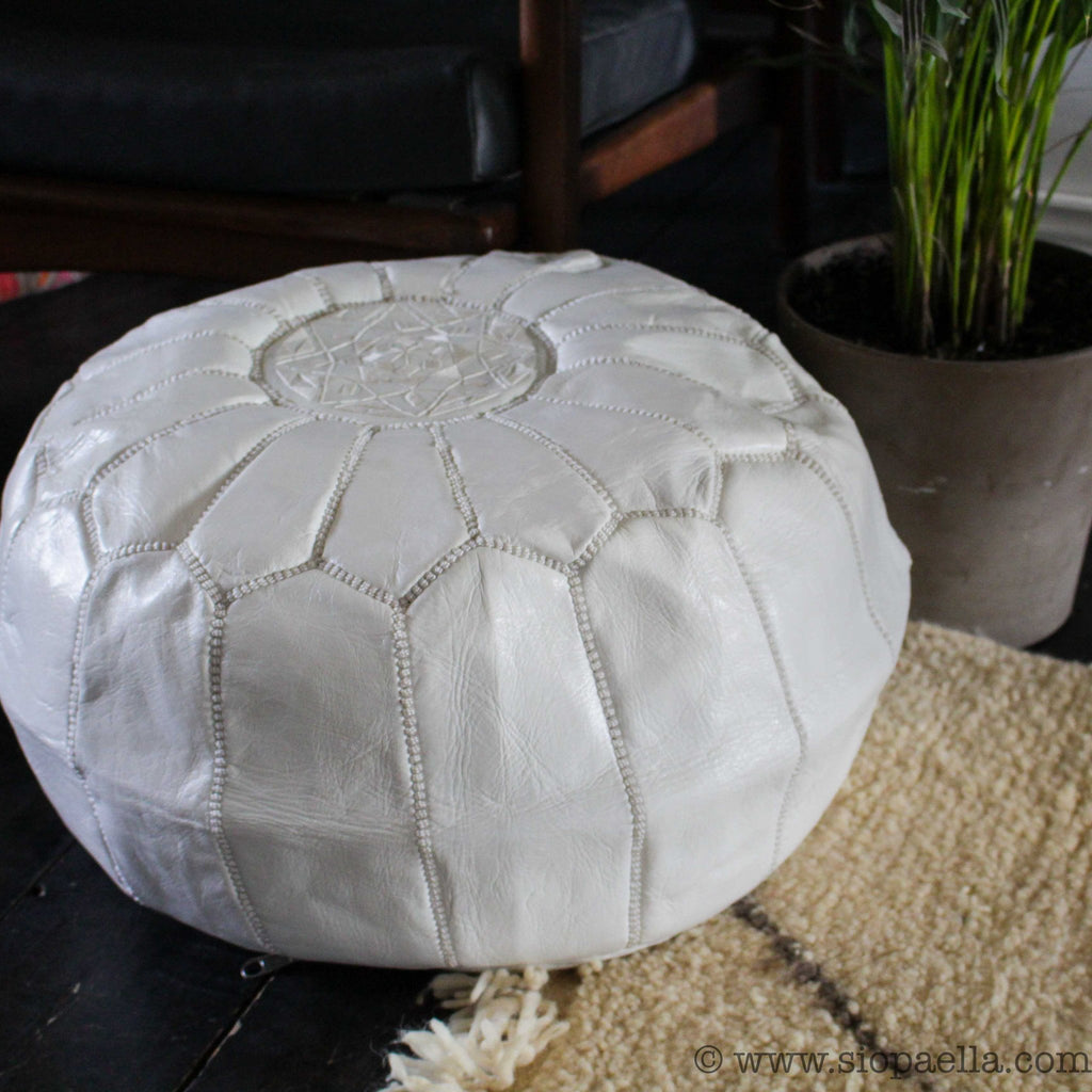 Moroccan White Leather Hand Stitched Pouffe