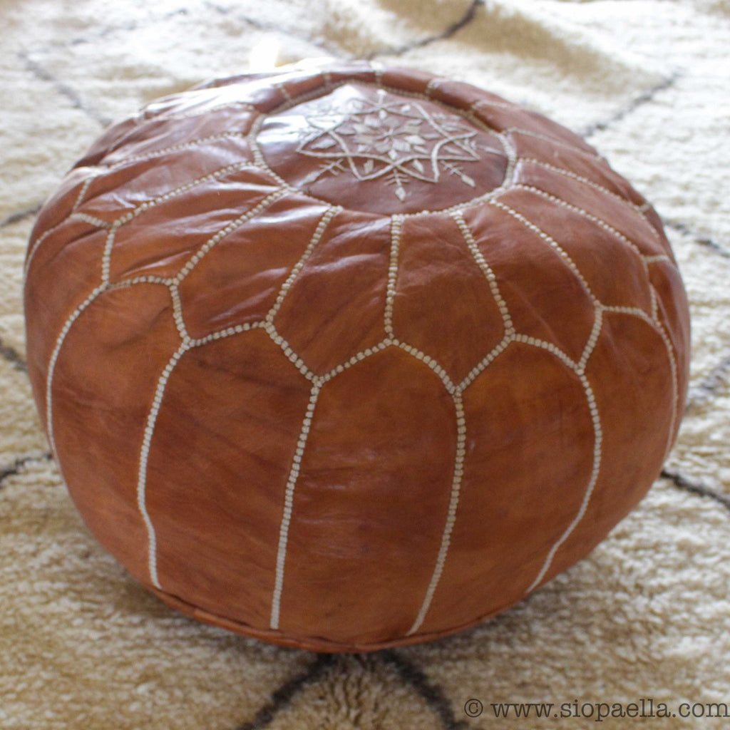 Moroccan Tan Leather Hand Stitched Pouffe