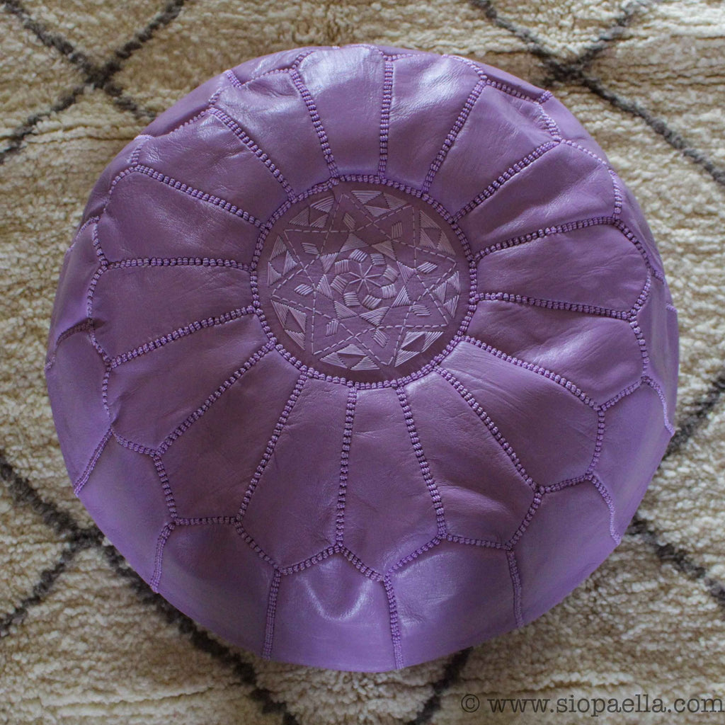 Moroccan Lilac Leather Hand Stitched Pouffe