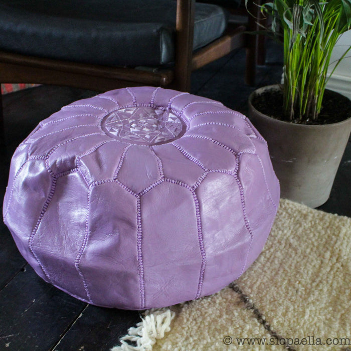 Moroccan Lilac Leather Hand Stitched Pouffe