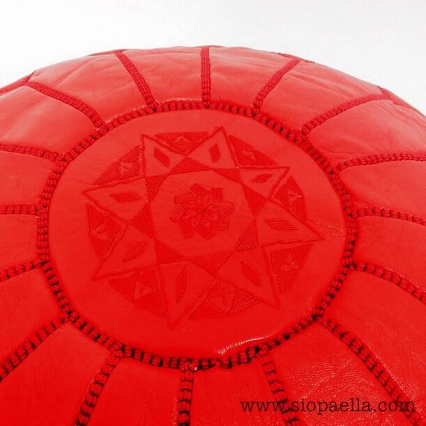Moroccan Red Leather Pouffe - Large