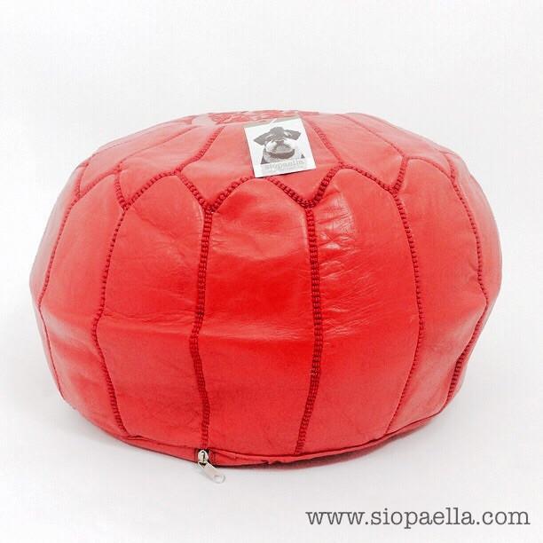 Moroccan Red Leather Pouffe - Large