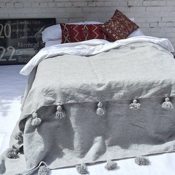 Moroccan Grey Pom Pom Throw